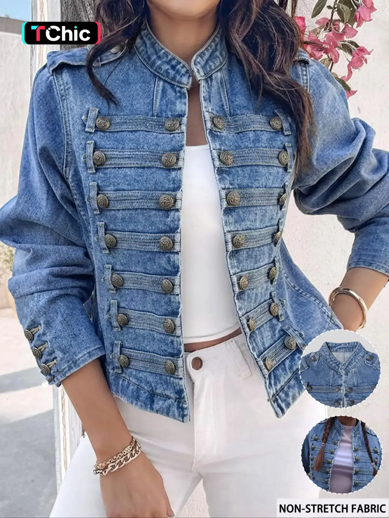 GILIPUR Women's Light Blue Washed Stand Collar Military Denim Jacket, Non-Stretch Double Breasted Decorative Buttons Cropped Denim Coat with Epaulets, Casual Vintage Streetwear Party Daily Date Outfits for Women TChic