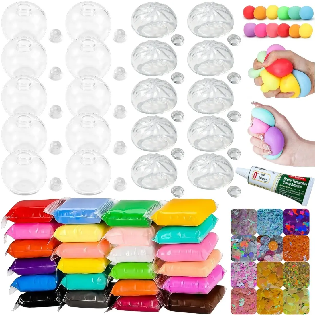DIY Stress Relief Ball Kit, Includes 24 Colors Clay, 12 Colors Glitter, 20 Transparent Blank Skins, Perfect for Crafting Pressure Balls