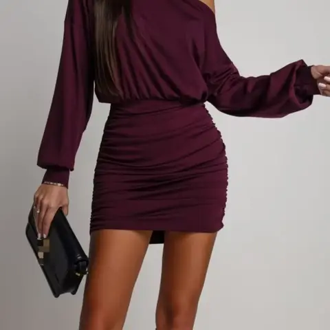 Women's Long Sleeve Drop Shoulder Slim Fit Dress Casual Plain Design, Perfect for Daily Wear & Evening, Stylish