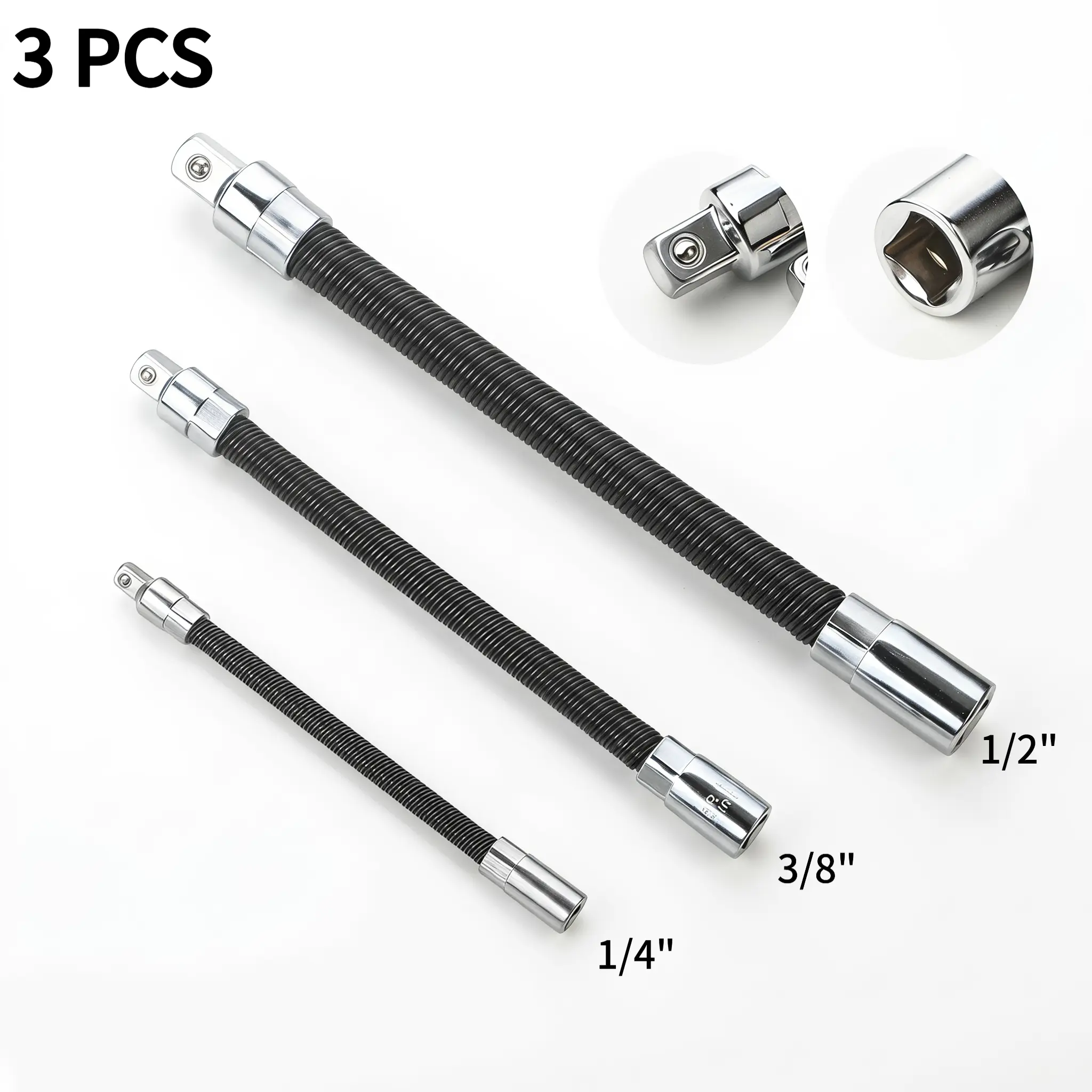 3Pcs Flexible Socket Extension Bar Set, 1/4" 3/8" 1/2" Drive Bendable Wrench Extender Rods, Flexible Connecting Shafts, Auto & Home Repair Tools, Car Mechanic Accessories-YY1