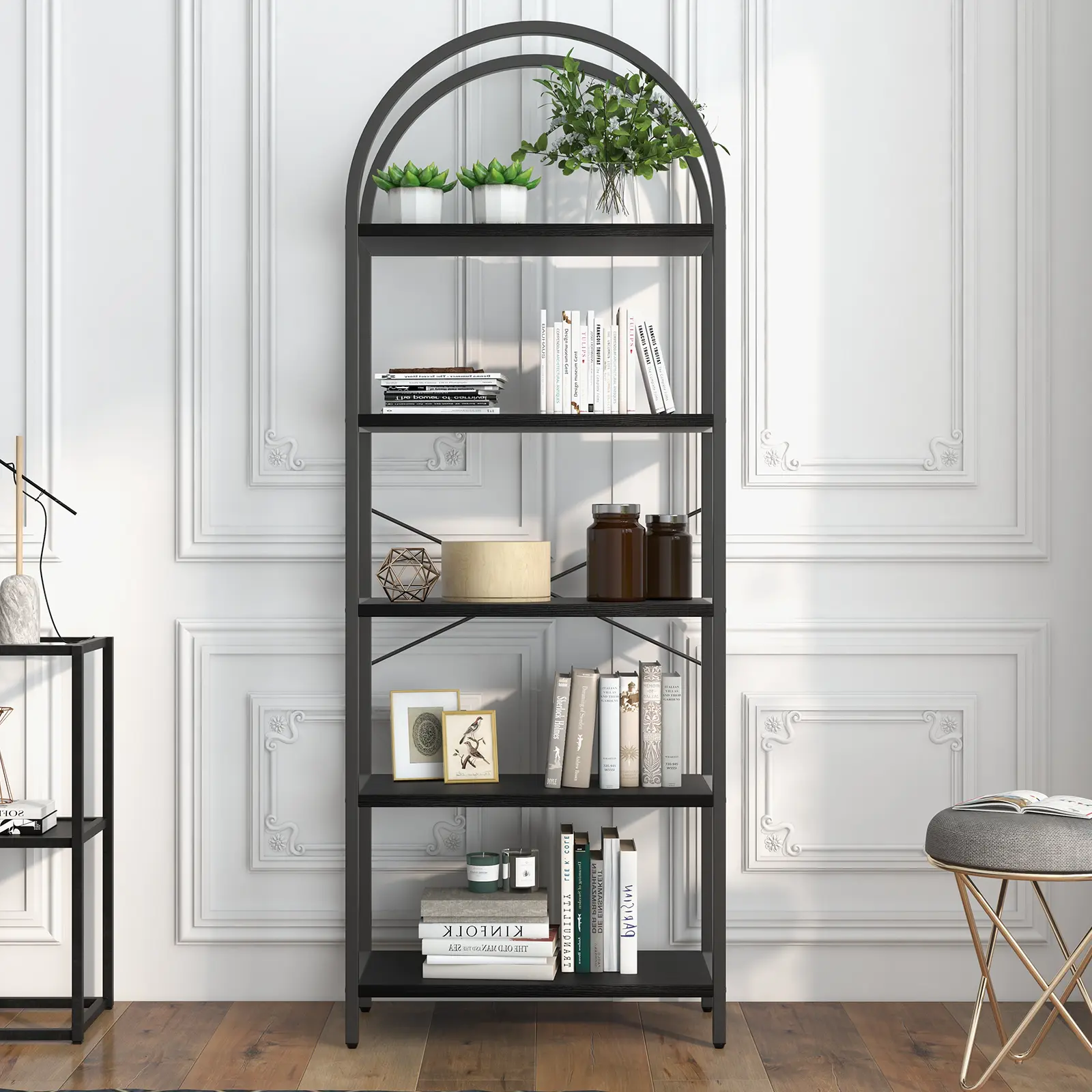 71" (180Cm) Tall Open Book Shelf, 5-Tier Industrial Arched Bookcase with Sturdy Metal Frame, Modern Freestanding Shelving Unit for Home Office, Living Room, Bedroom, Gold and White