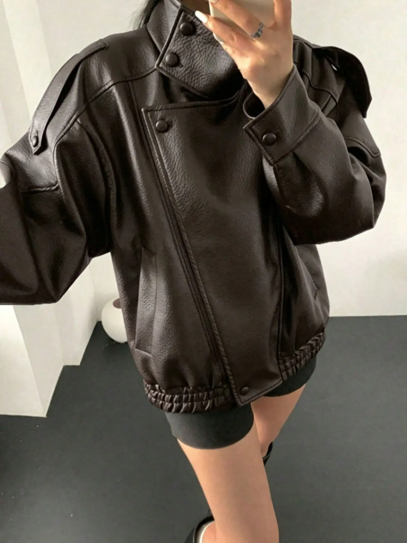 Women's Fall Winter Streetwear Fashion Motorcycle Style Leather-Look Long Sleeve Jacket, Coats, Vintage Loose Fit, Stand Collar Asymmetrical Design, Multiple Colors Available
