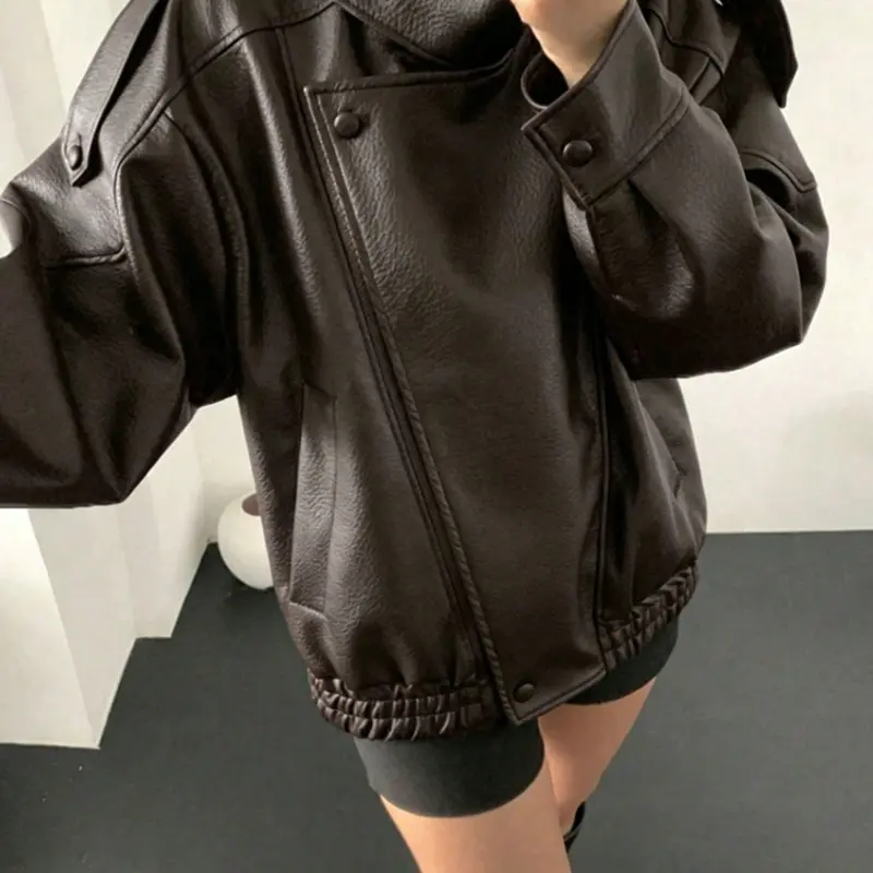 Women's Fall & Winter Streetwear Coats Fashion Motorcycle Style Leather-Look Long Sleeve Outerwear Jacket, Vintage Loose Fit, Stand Collar Asymmetrical Design, Multiple Colors Available