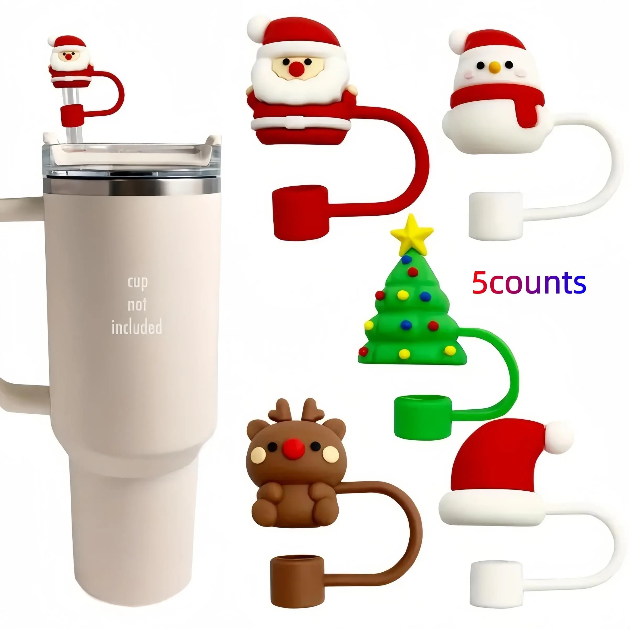5pcs Christmas Theme Santa Straw Covers, Soft Gel 8&10mm, Reusable Dust Caps, Fun Cartoon Party Decor, for Sports Bottles, Holiday Gift