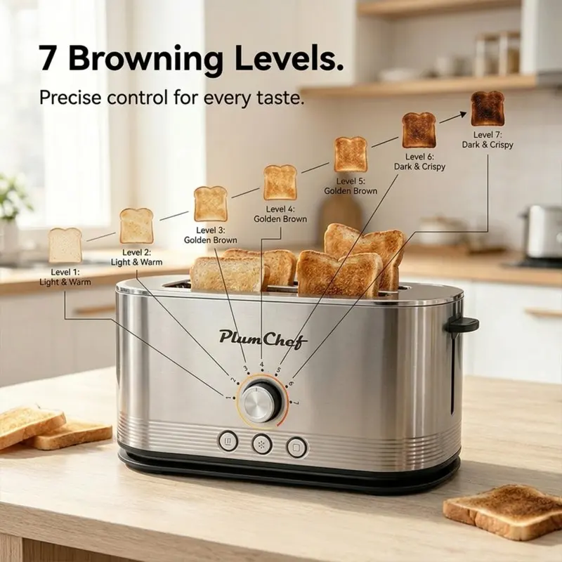 PlumChef 4-Slice Long Wide Slot Stainless Steel Toaster - Removable Crumb Tray, 7 Shade Settings, Bagel/Defrost/Cancel Functions, Compact Countertop Appliance for Artisan Bread & Thick Slices, Ideal Kitchen Gift, Removable Tray