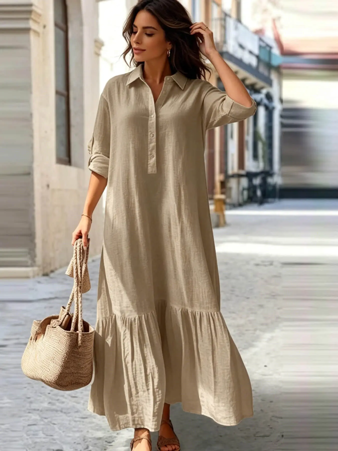 A women's fashionable, gentle, casual, lazy style solid color buttoned dress with a shirt collar twist button design, suitable for summer, daily commuting, beach resort wear, beach travel, dates, picnics, etc.