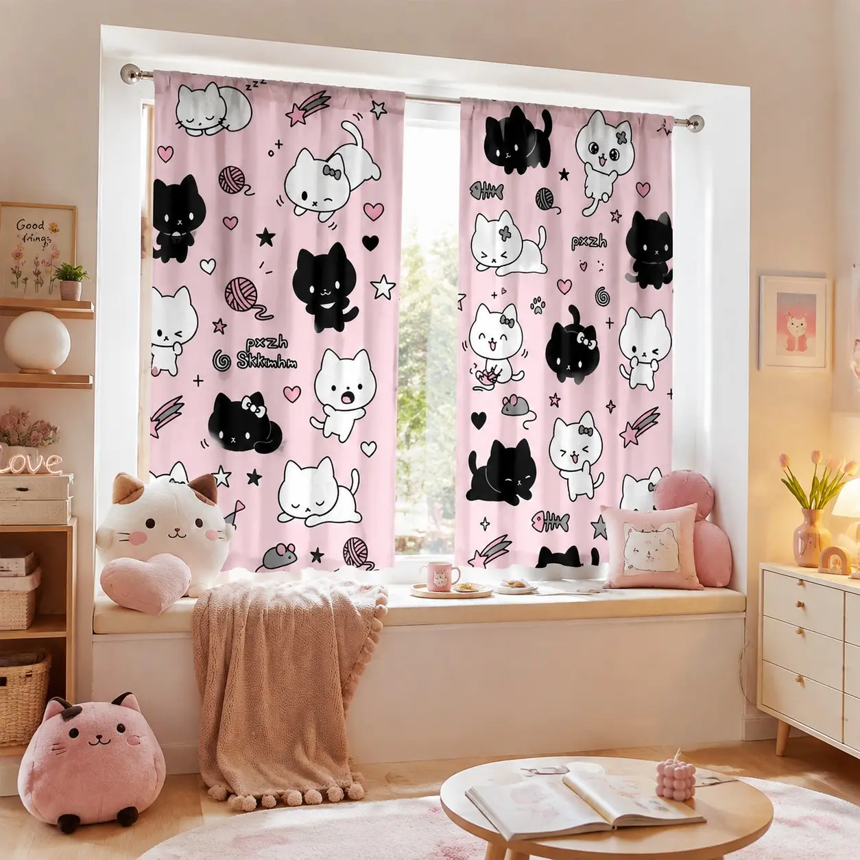 2-Pack Base Cartoon Cat Pattern Curtains, Soft Adorable Kawaii Girl Style Sheer Curtains, Perfect for Girls' Bedrooms