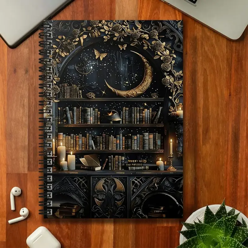 A spiral-bound notebook with a dark fantasy-style starry sky and magic bookshelf design, featuring an exquisite black and gold color scheme that exudes a mysterious charm. Suitable for work records and study notes, it's perfect as a graduation gift or bir