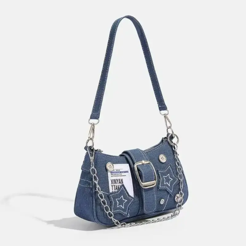 Y2K Denim Shoulder Bag for Women, Star Patch Baguette Purse with Chain Strap, Cute Going‑Out Handbag for Concerts & Parties