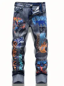 European and American Printed Graffiti Distressed Washed and Distressed Jeans Men Jeans Para Hombre