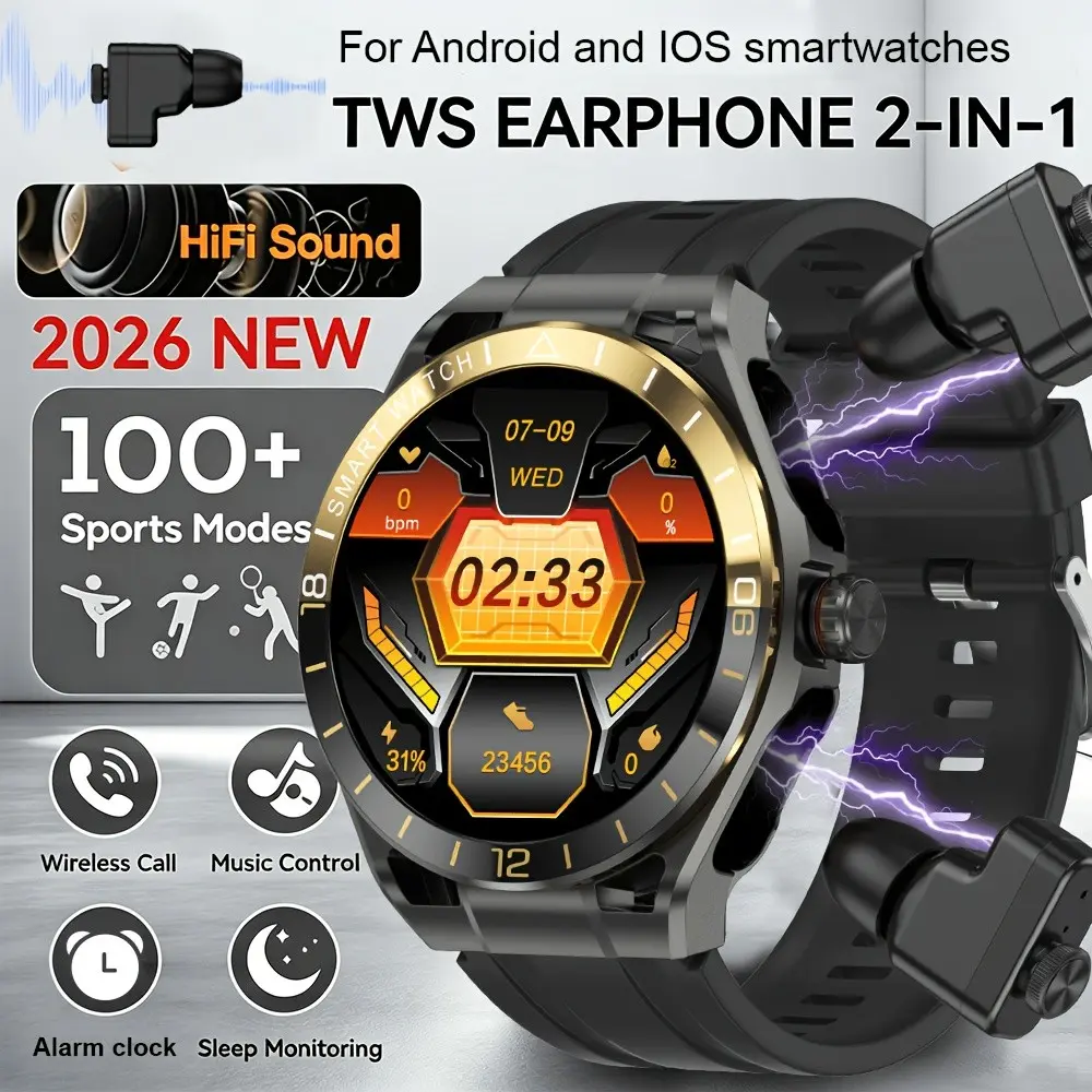2026 Full HD Screen Alloy Case, TWS Sports Earbuds + Ip67 Waterproof Smartwatch, 400mah Battery, NFC Unlock, Sport Data Tracking