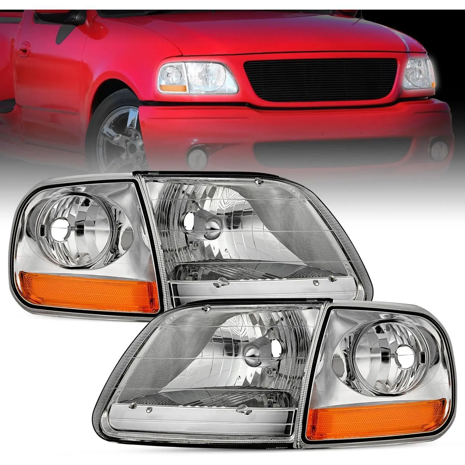 Nilight Headlight Assembly - Compatible with 1997-2003 Ford F-150, Expedition, Chrome Housing, Amber Reflector, IP65 Waterproof, UV Resistant, Corrosion Resistant, Anti-Fog Vent, Beam Angle Adjustable, Wider Vision for Night Driving