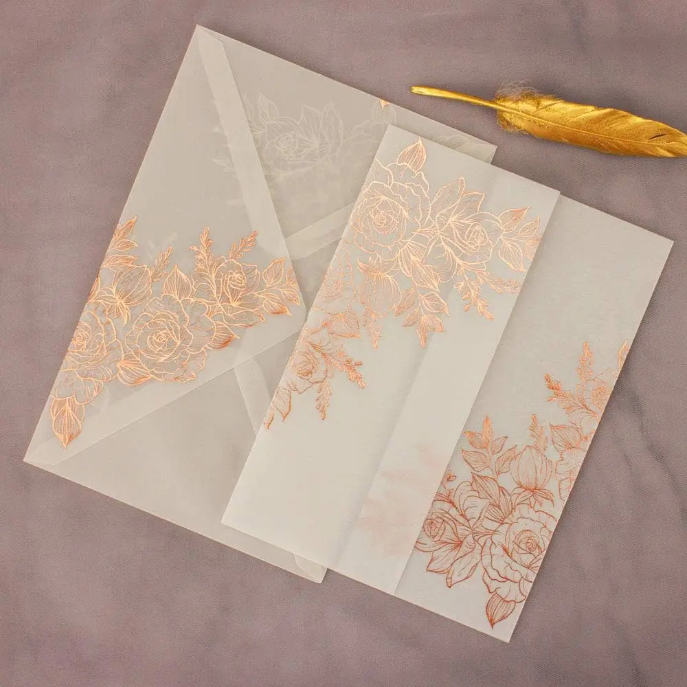 25-Set Rose Gold Foil Floral Embossing Vellum Paper Invitation Cards with Vellum Envelopes, Blank Inner Sheets, Printer-Ready for Bridal Events