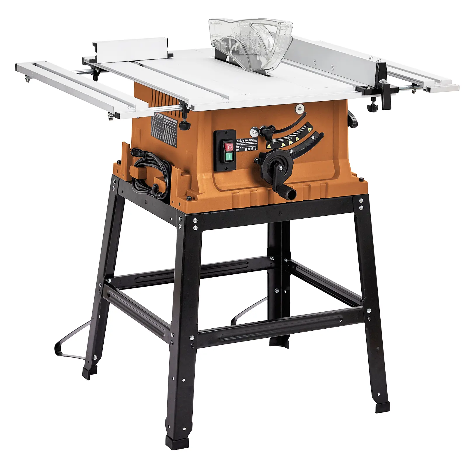10 Inch Professional Table Saw with Powerful 15A Motor, Delivers 5000 RPM Speed and 0-45° Adjustable Bevel Cutting, Complete with Metal Stand and Push Stick for All Woodworking Tasks