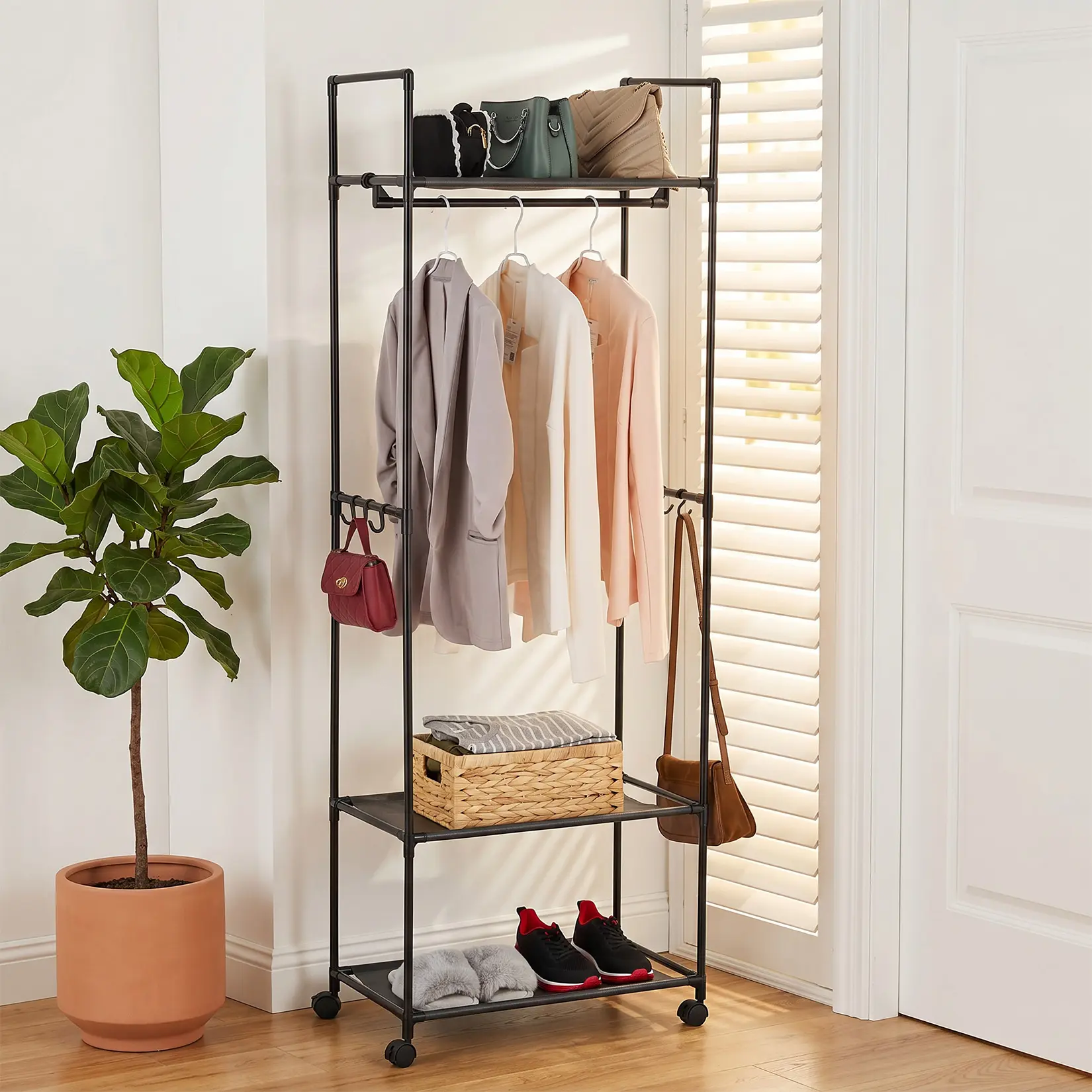 3-in-1 Rolling Garment Rack with Wheels, Black Carbon Steel Portable Closet Wardrobe Rack, Multi-Functional Clothing Rack with Top Bag Shelf, Versatile Clothes & Wardrobe Storage Solution for Bedroom, Entryway