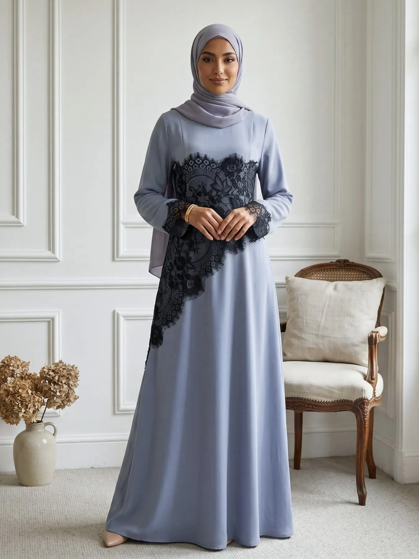 New Muslim Women's Lace Patchwork Satin Abaya Robe, Luxury Lace Long Sleeve, Muslim Women's Party Dress, Elegant Evening Gown