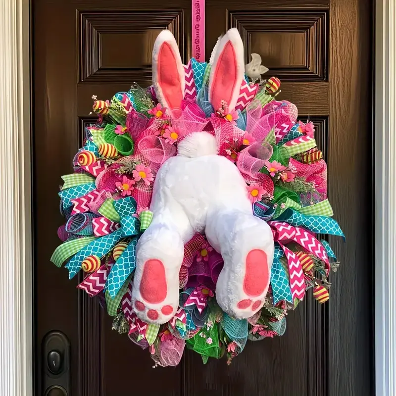 1 Pcs 2026 Easter Bunny Wreath Decor, Outdoor Front Door Hanging Ornament, Rabbit Door Sign for Home Decor, Holiday Themed Party Decorations Supplies