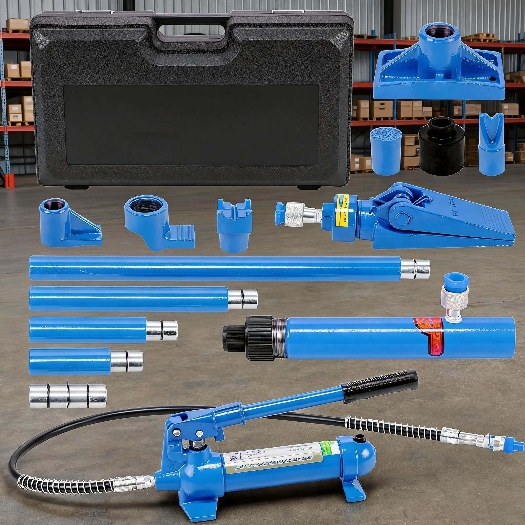 12-Ton Hydraulic Porta Power Kit with 55" Hose & 22" Handle, Carbon Steel Ram, 16-Pc Body Repair Tool Set with Case, Leak-Free Performance