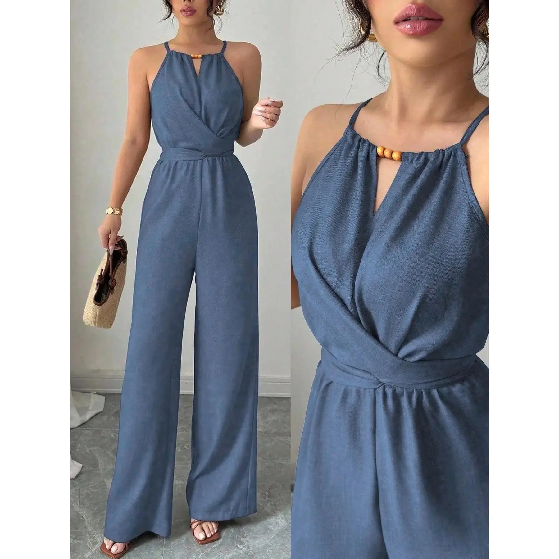 1 Piece Women Halter Neck Wrap Jumpsuit Beaded Trim Wide Leg Romper Sleeveless High Waist Loose Fit Elegant Party Vacation Club Night Out Daily Going Out Fashion Figure Flattering Summer Chic One Piece Outfit For Ladies Evening Casual Event Wear Eleg