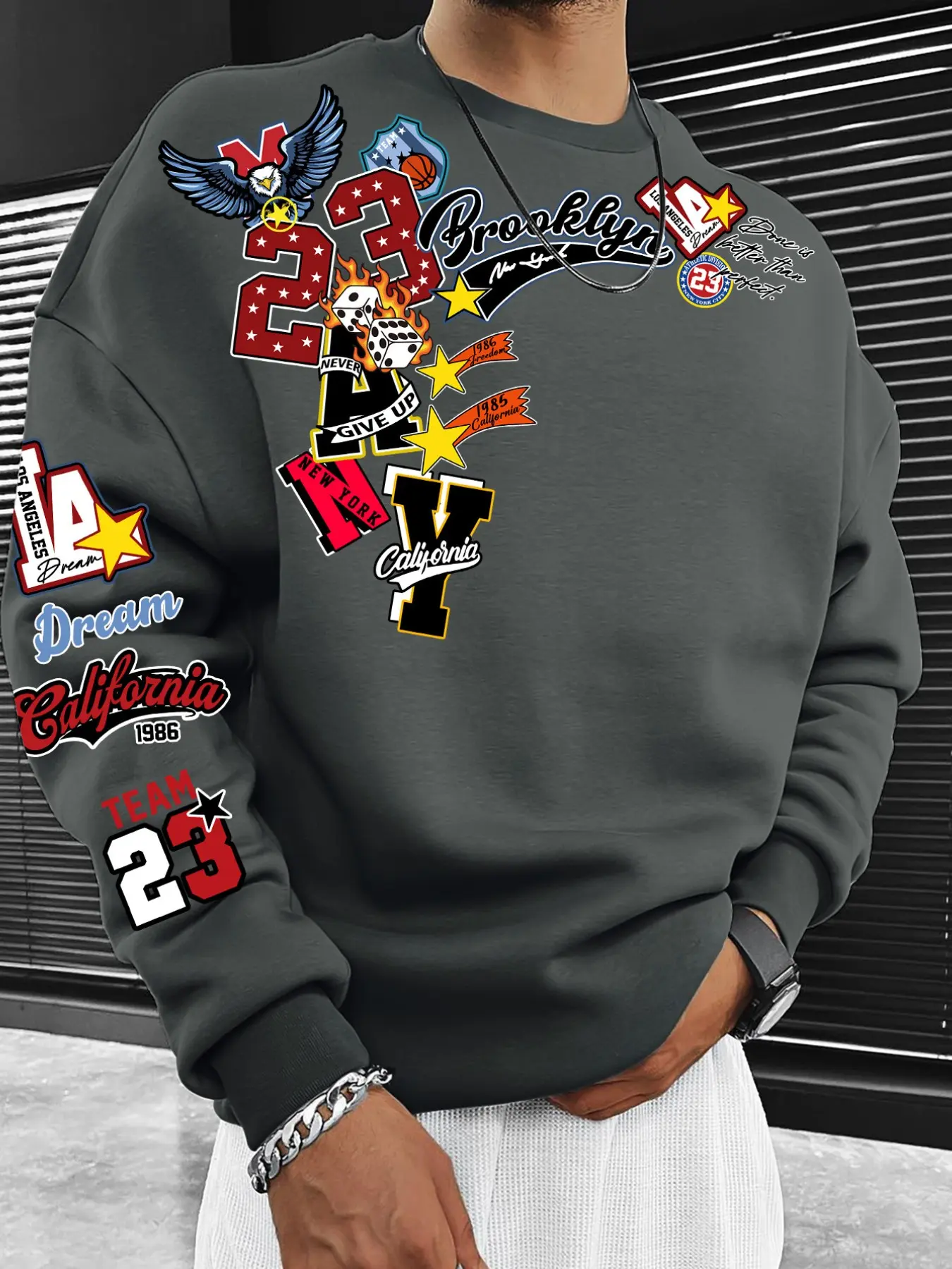 American Vintage Style Streetwear Crew Neck Sweatshirt, Men's Casual All over Print Top, Perfect for Daily Wear & Trendy Urban Look