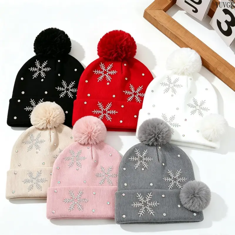 Pom‑pom Rhinestone Snowflake Cuffed Beanie, Sparkly Winter Skull Cap, Cute Holiday‑themed Headwear, Daily‑match Warm Accessories for Outdoor Outings and Casual Outfits