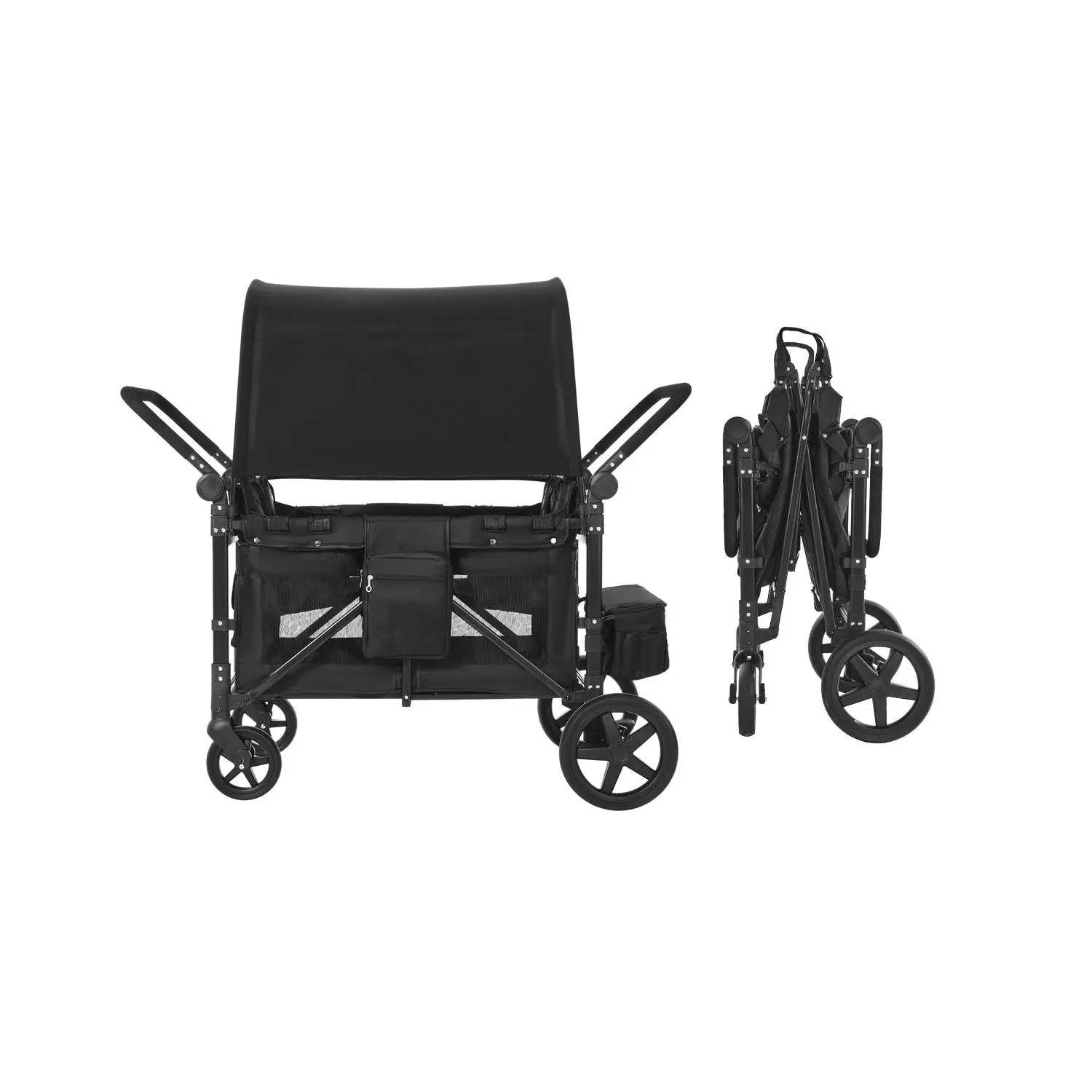 Wagon Stroller for 4 Kids, 330 lbs / 150 kg Load Capacity, Carbon Steel Construction, Push Pull Quad Collapsible Stroller with Adjustable Handle