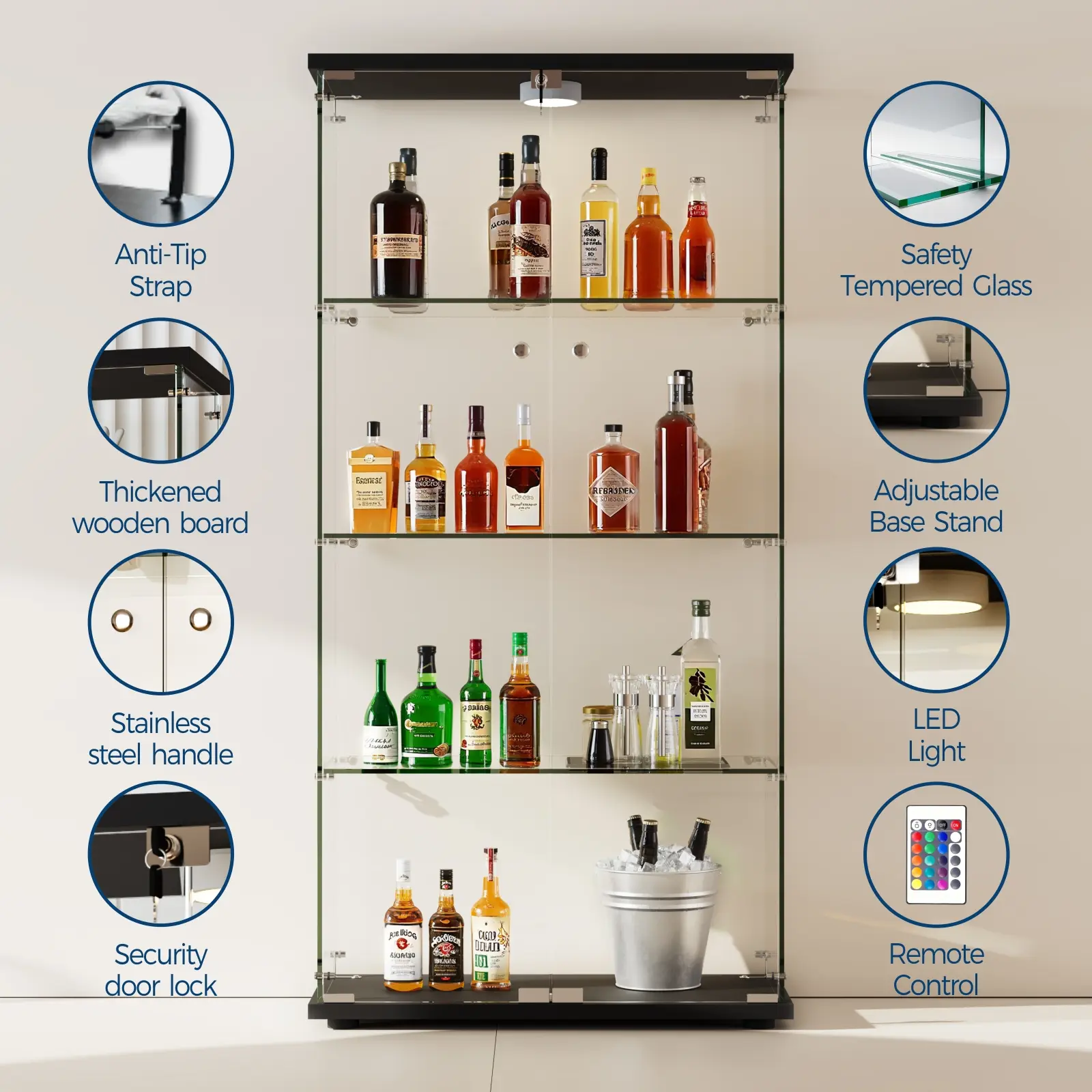Modern LED Lighting & Lockable Shelves – Tempered Glass Display Cabinet, 4-Tier Double Doors, Large Storage Curio Showcase for Collectibles, Living Room, Bedroom, Office, Black