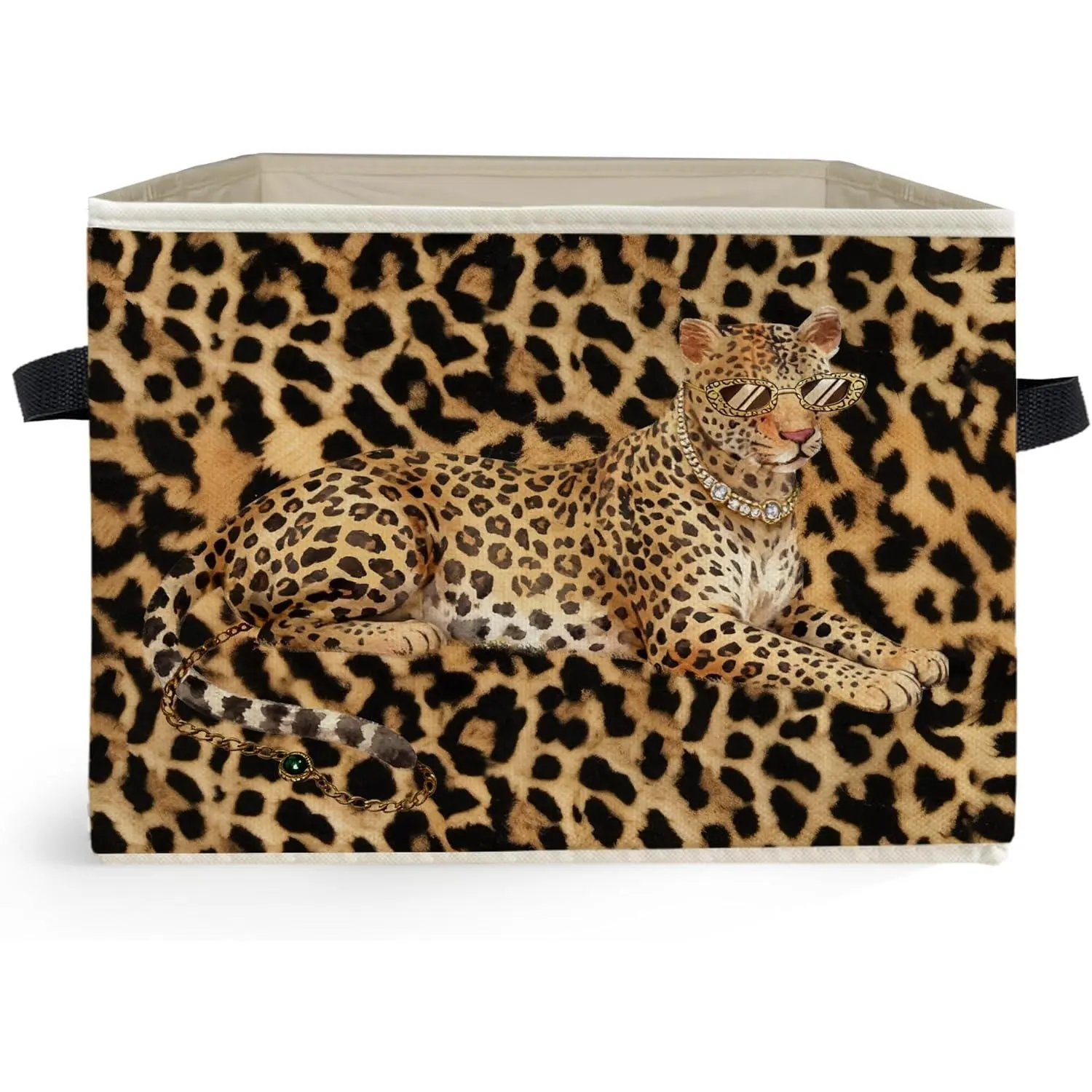 Trendy Leopard Print Storage Box Bins, Funky Cheetah with Sunglasses Collapsible Storage Basket Organizer for Bedroom Laundry Room Home Clothes Toys Books, Toybox for Girls