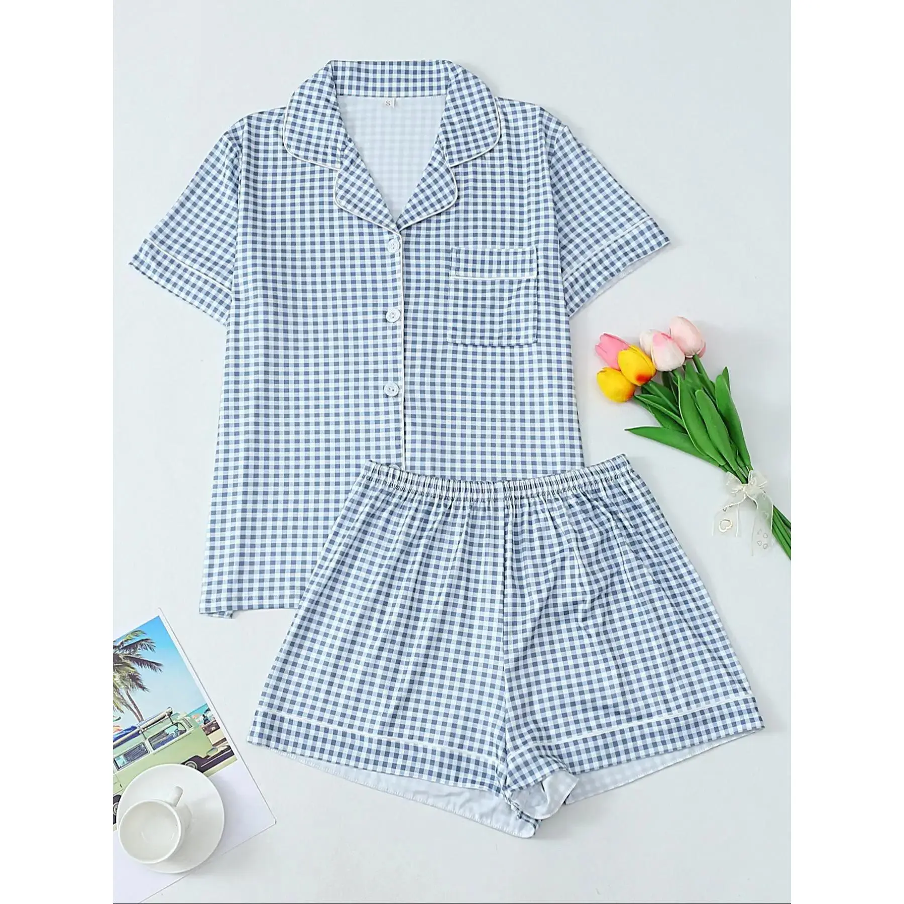Women's Gingham Print Short Sleeve Pajama, Casual Comfy Pocket Lapel Shirt & Elastic Waist Shorts PJ Set, Soft Sleepwear Loungewear, Ladies Sleepwear for All Seasons, Matching Lounge Sets