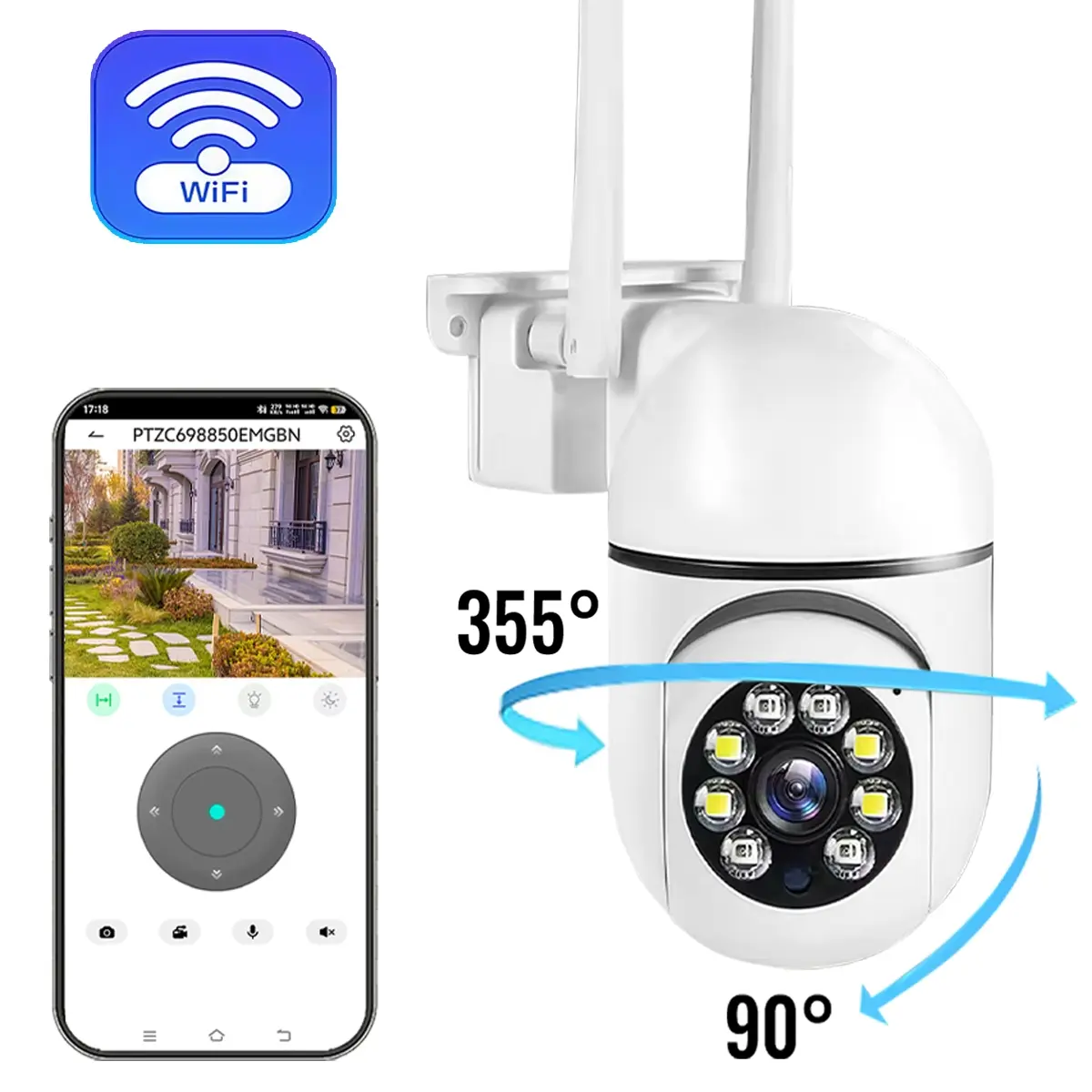 Smart PTZ Surveillance Camera,355°Rotable Wide Angle Lens,Two Way Audio Talkback,Two Storage Modes,Color Night Vision,2.4G WiFi Connection,Smart Motion Detection,Easy Mount Indoor Outdoor Security Cam