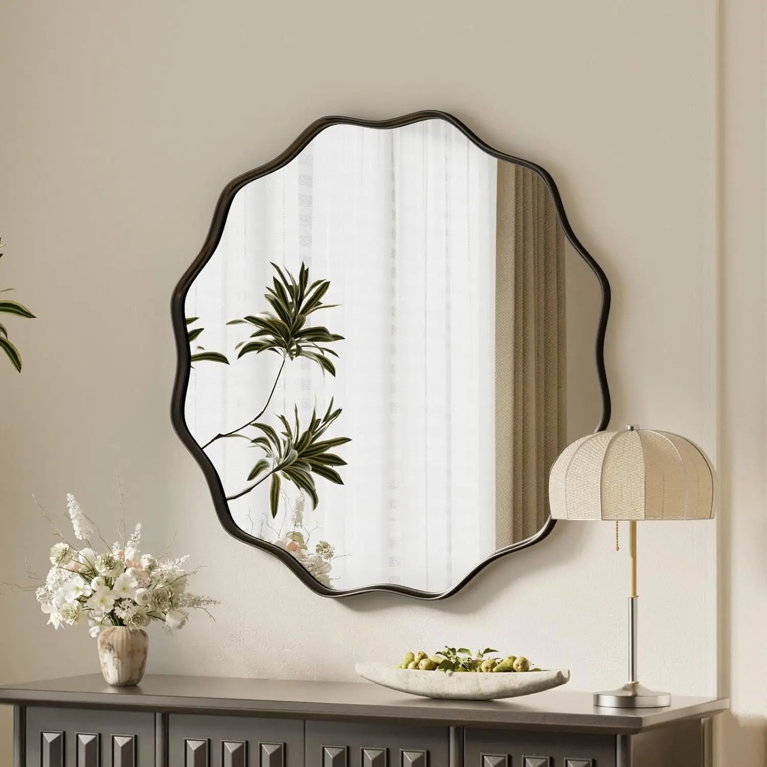 Black Scalloped Circle Mirror 20" Wavy  Round Wall Mirror | Tempered Glass Textured Circular Metal Deep Frame,  Leaning for Bathroom, Hallway, Entryway, Living Room