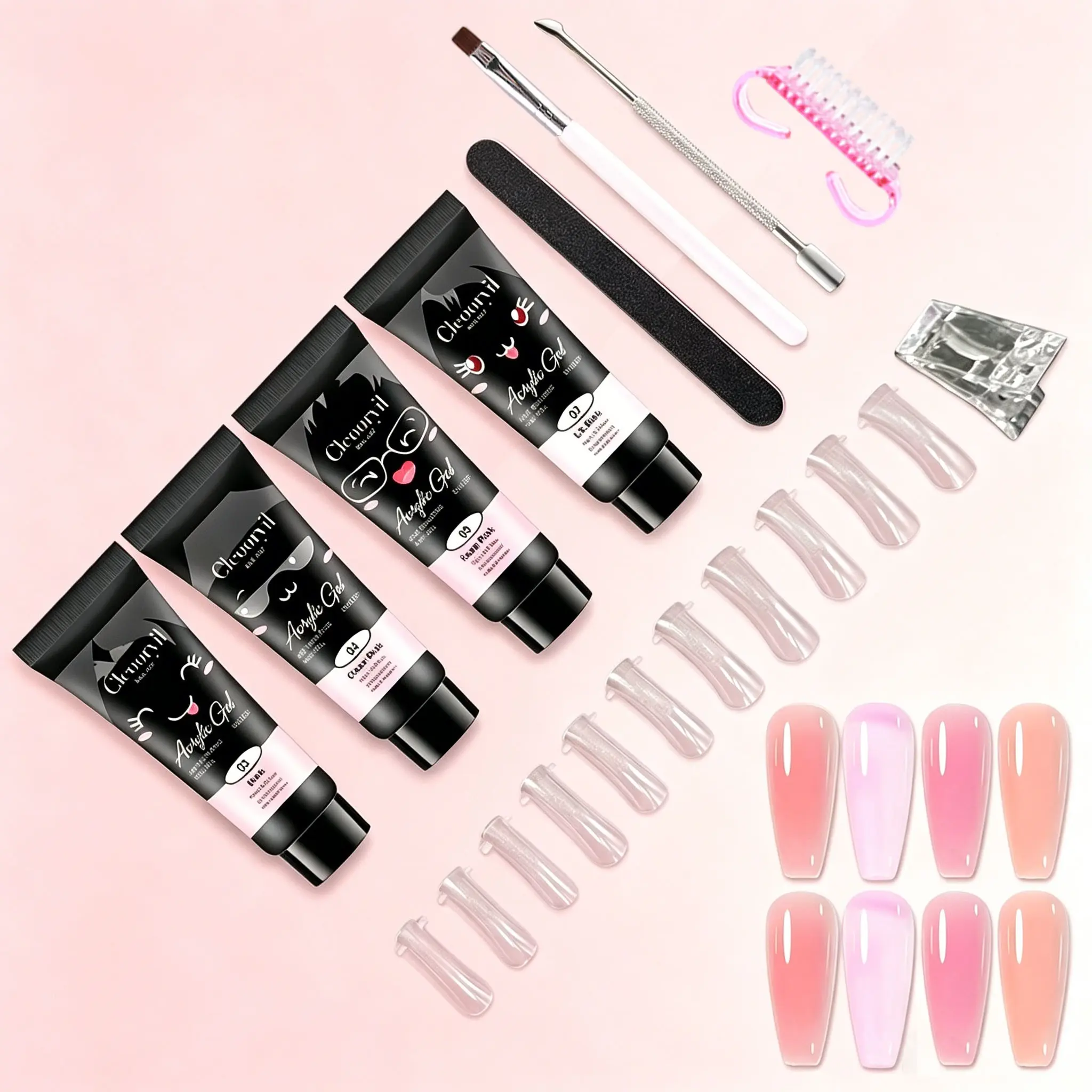 Cheoryil Poly Gel Nail Kit, 4 Nude Acrylic Builder Gels, Includes Nail Shapes and Tools, Beginner UV/LED Curing Set for Home Salon, Acrygel Beginner Kit