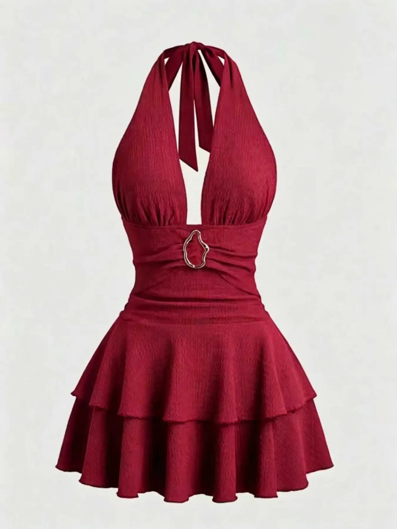 Elegant Metal Button Decorated Halter Neck Pleated Hem Short Party Dress, Formal Wear, Perfect for Women, Stylish and Comfortable