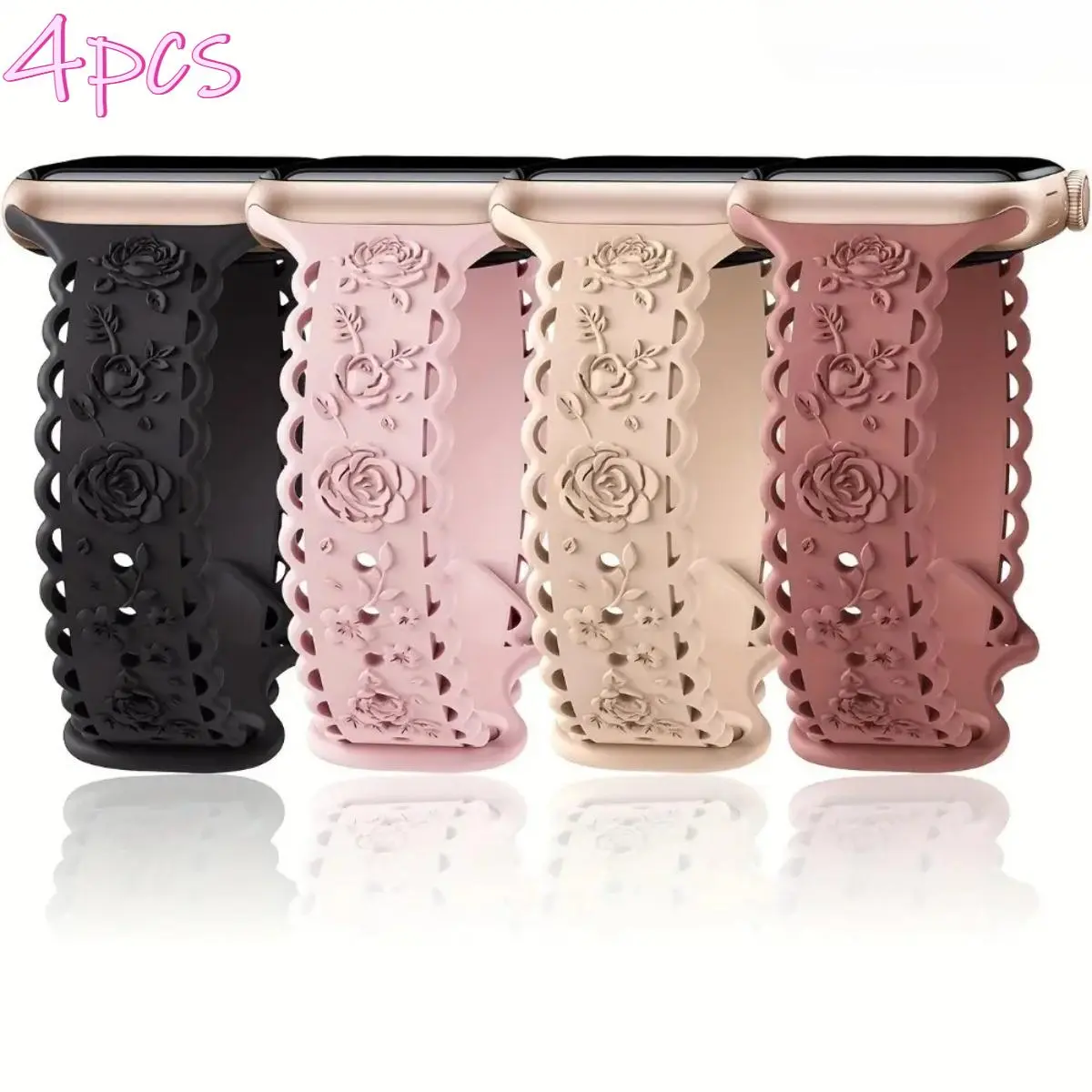 Women's 4-Pieces Set Slim-Fit Rose Pattern Wearable Smart Watch Straps - Lightweight Lace Sports Strap for 38-49mm (Series 1-10,SE,Ultra/Ultra 2), Floral DIY Bag Accessories for Outdoor Activities