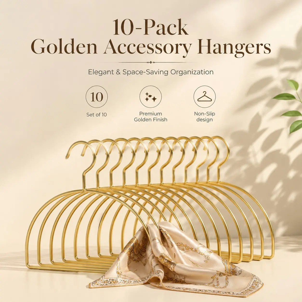 10-Pack Luxury Metal Hangers, Non-Slip Space-Saving Closet Organizer, Scarf Belt Tie Rack, Elegant Accessory Storage Solution