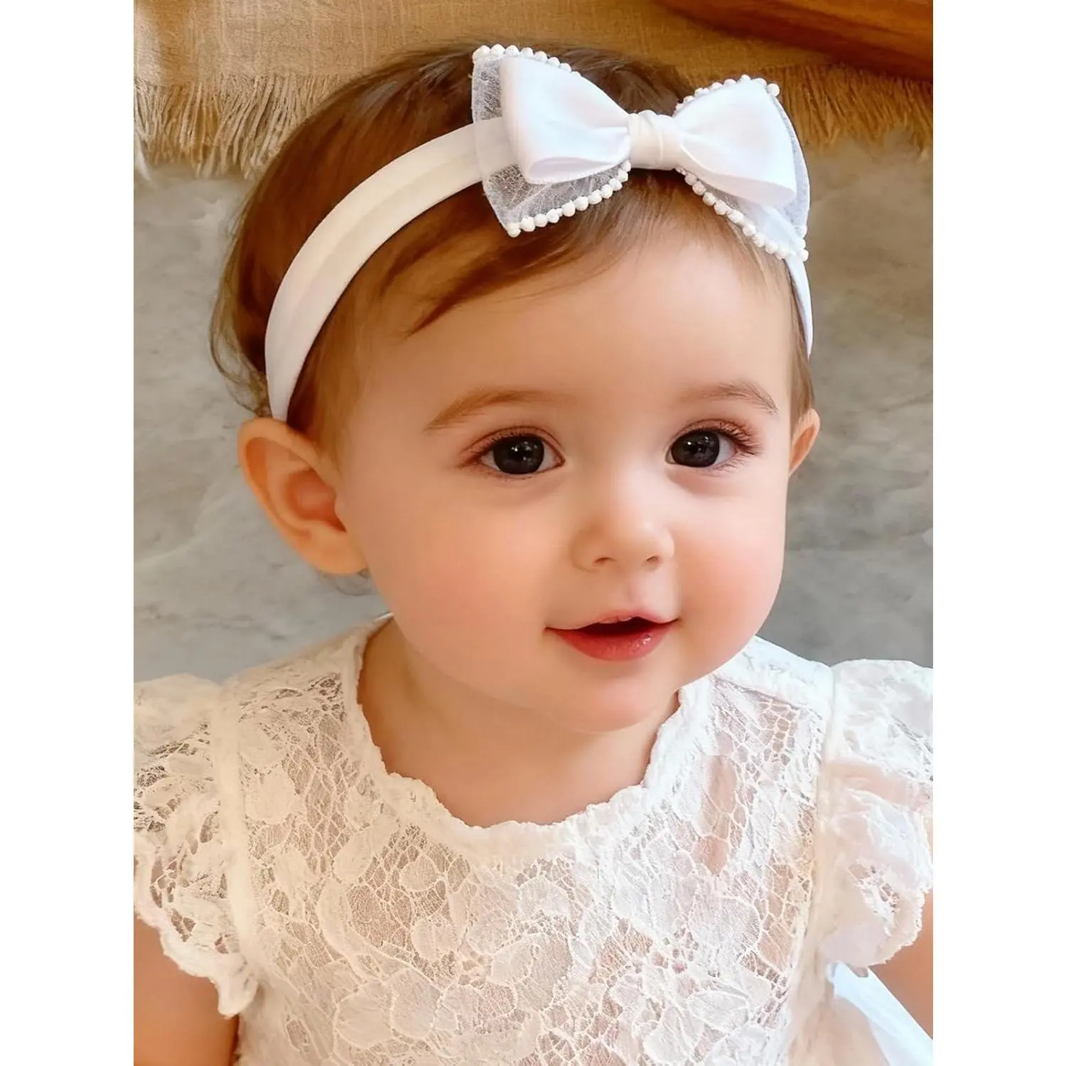 Baby Girls Headband White Bow Lace Headbands Soft Elastic Bowknot Hairbands Cute Hair Accessory Newborn Kids Infant Toddler Baptism Birthday Party (White Bow)