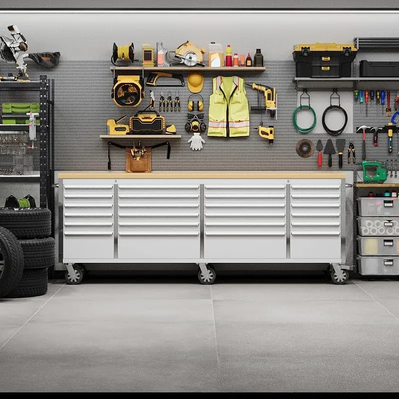 Lockable Mechanic Factory Chest - 96in Footprint, 24 Deep Drawers, 18in Workbench Top, Heavy-Duty Mobile Cabinet (2 Keys Included, 6in Braked Casters That Roll, Side Handle, Drawer Liners, 100lb Capacity) for Garage Repair, Workshop Use