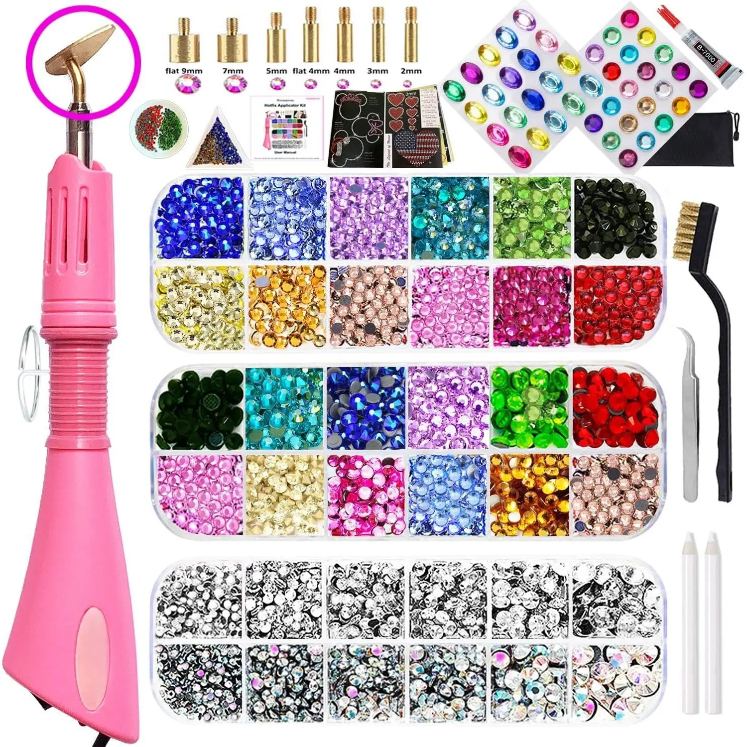 Bedazzler Kit with Rhinestones, Hotfix Applicator Tool, DIY Hot Fix Rhinestone Bedazzling kit, 3560 Rhinestones for Crafting,  AB, Clear, 14 Colors, w/Self-Adhesive