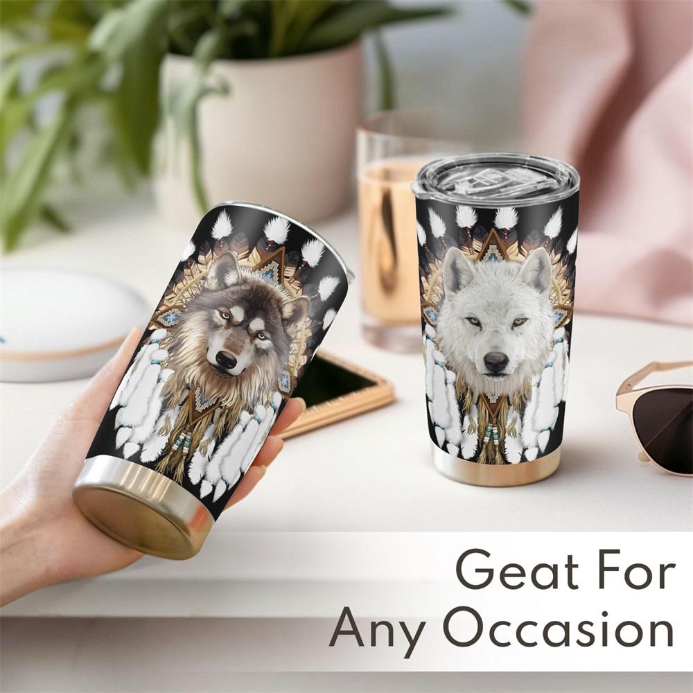20oz Tumbler, 1 Count Wolf Pattern Stainless Steel Cup, Insulated and Durable Cup, Great Gifts for Wolf Lovers and People Who Love Indian Culture, Drinkware, Bottles, Insulated Water Bottle