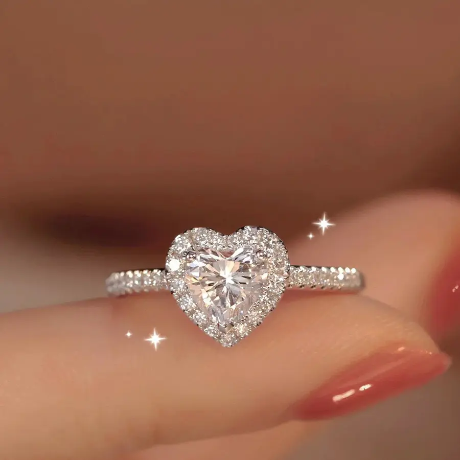 Romantic Heart Shaped Crystal Engagement Ring Silver Plated Double Halo Promise Rings Sparkly Eternity Pave Band Wedding Bridal Rings for Women Luxury Jewelry Valentine Anniversary Gift