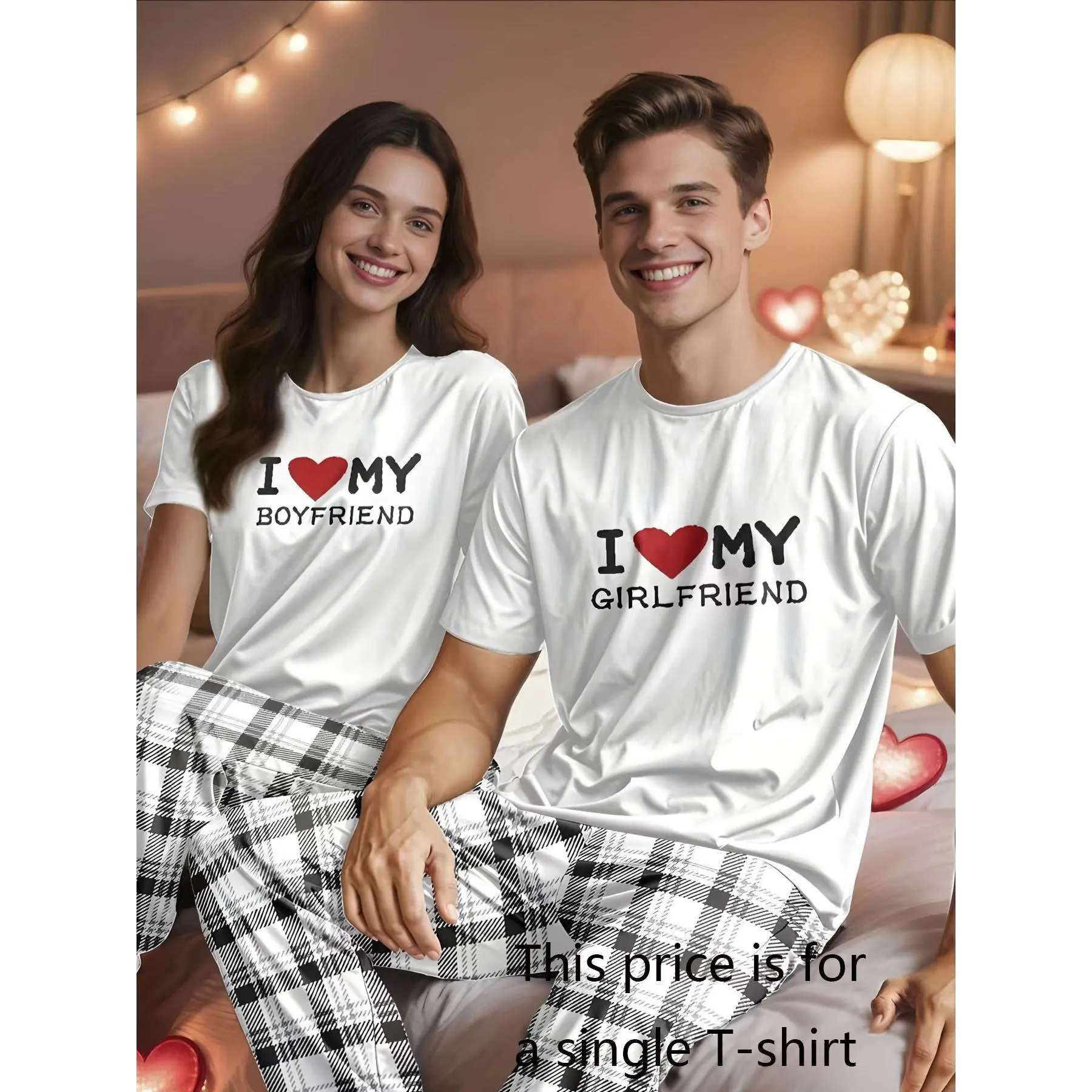 Women's & Men's Pure Cotton Short Sleeve Casual Matching Set Clothes - Round Neck, Heart Prints, Romantic Text, Heart String, Valentine's Day Gift Sleepwear