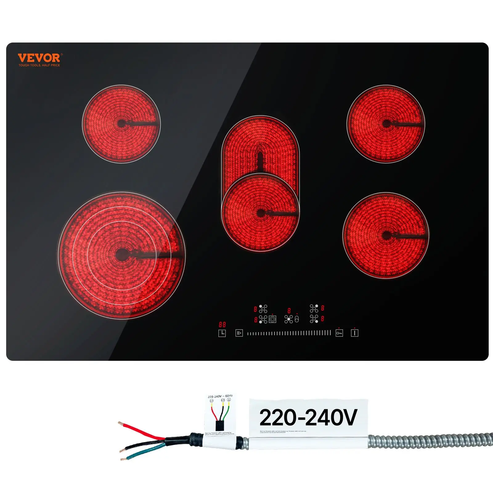 VEVOR Built-in Electric Glass Top Stove, 30.3x20.5 inch 5-Burner 240V Radiant Cooktop with Sensor Touch Control, Timer, Child Lock, 9 Power Levels for Home Cooking, 5 Burners