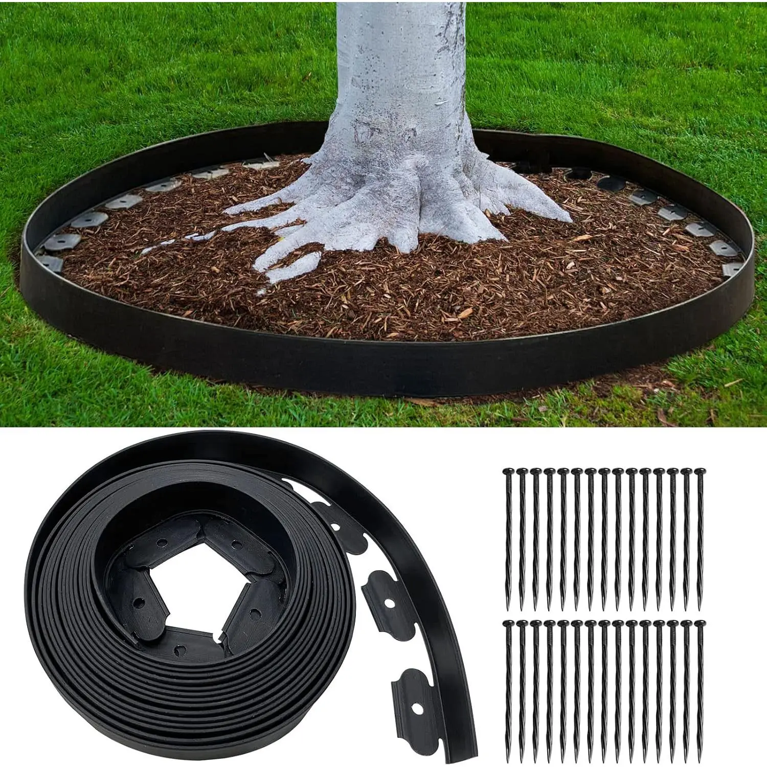Landscape Edging 33FT, 4IN Tall Garden Edging Border with 50pcs Spikes, Plastic Lawn Edging Kit, Tool-Free Flexible Borders Edging for Garden Flower Beds Tree Surrounds Yard Pathway, Black