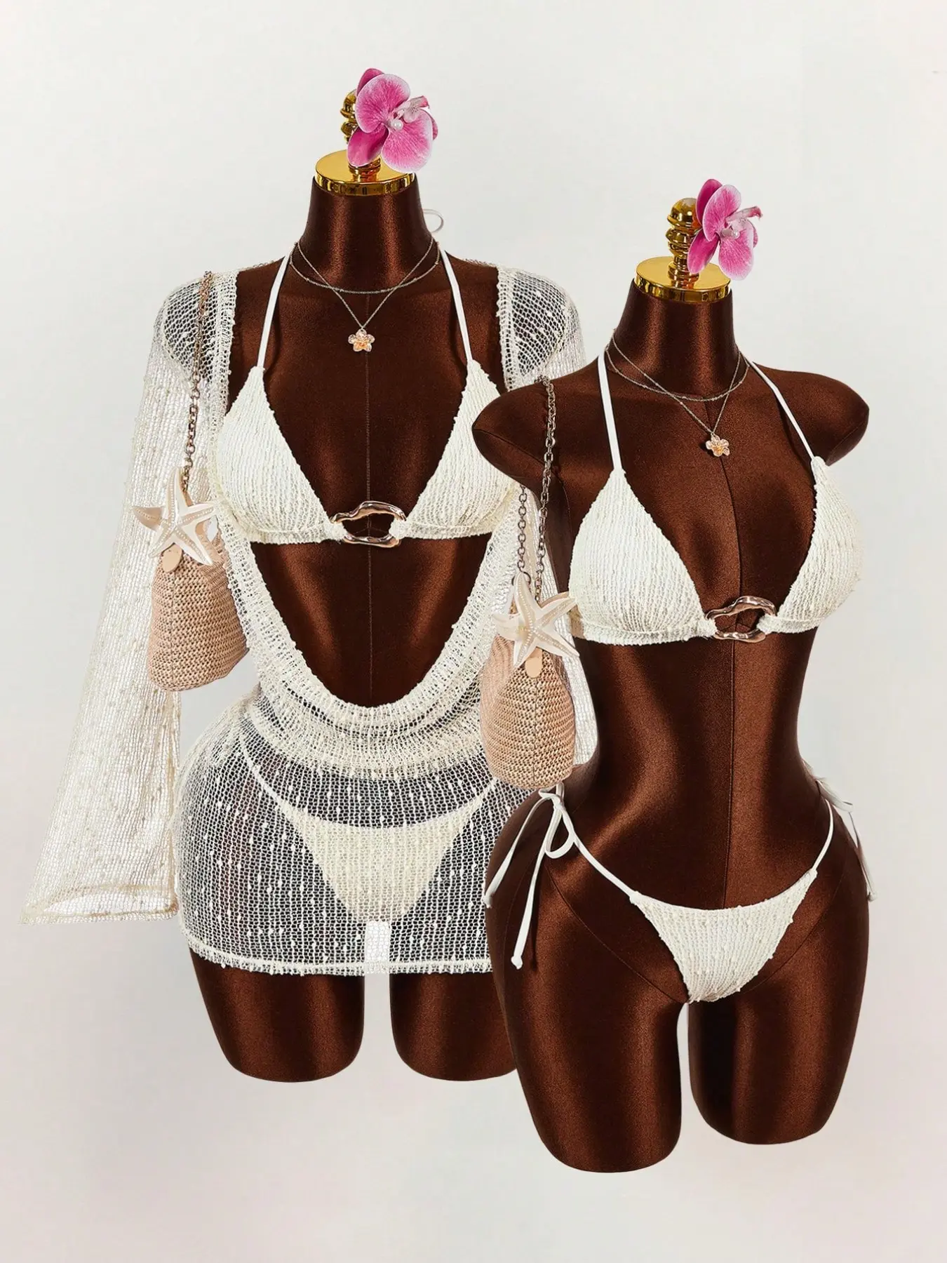 2026 New European Style Three-Piece Swimsuit Set, Bikini Swimsuit Outfit, Sun Protection Long Sleeve Cover-Up, Pearl Bikini, Push Up Bra, Lace Up Design