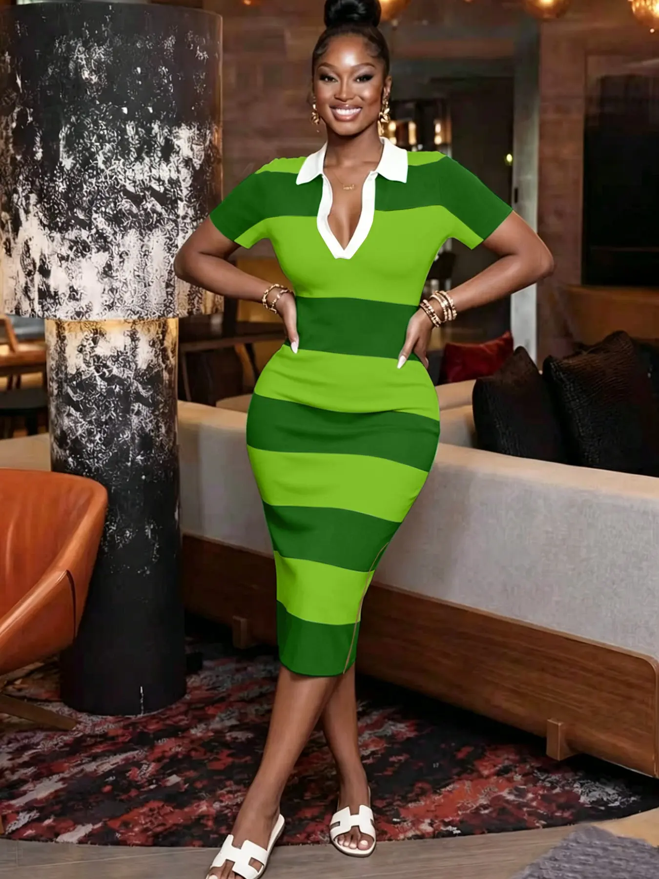 Elegant Women's Striped Patchwork Polo Neck Bodycon Dress, Casual Split Hem Short Sleeve Dress, Stylish and Comfortable Daily Wear, Everyday Style