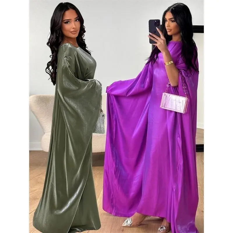 Batwing Butterfly Sleeve Satin Khimar Abaya Dubai Muslim Maxi Dress Kaftan for Women Kebaya Caftan Robe Femme Vestidos White Two Piece Set Luxury Design Long Sleeve
