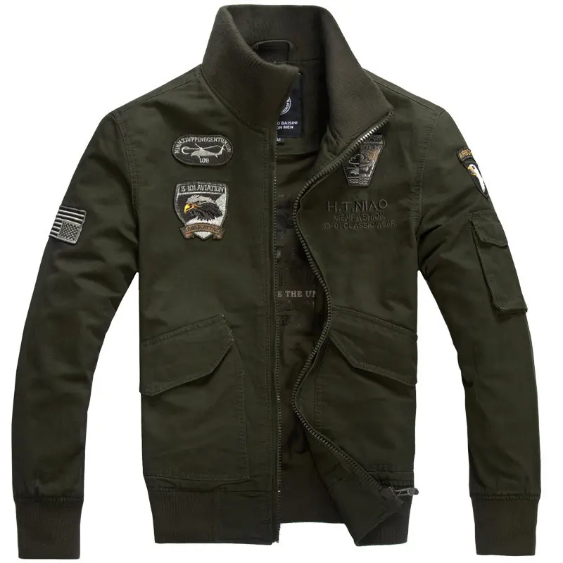Men's Cotton Military Bomber Jacket Flight Cargo Outwear With Embroidered Patches Airborne Eagle Helicopter Badges Stand Collar Ribbed Trim Full Zip Up Windbreaker Heavyweight Canvas Utility Sleeve Pocket Combat Army Field Coat Retropremium Tactical green