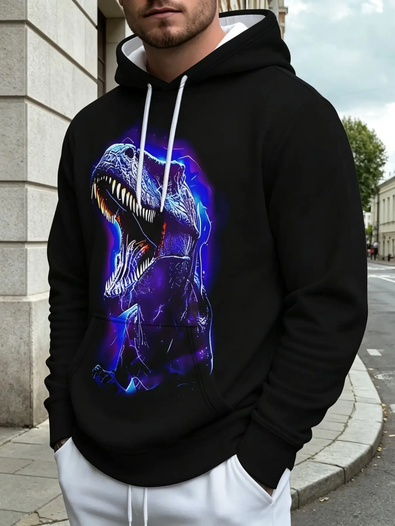 Men's Cyberpunk Style Hooded Sweatshirt, Dinosaur Print, Loose Fit, Long Sleeve, Casual Fall & Winter Wear, Street Fashion