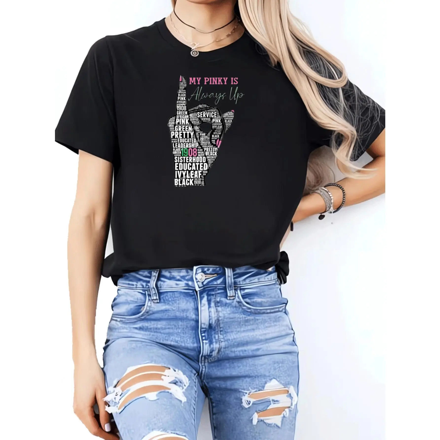 Women's Fitted Cut Graphic T-Shirt, Chic Korean Style Soft Cotton Crew Neck with "My Pinky Is Always Up" Empowering Word Art