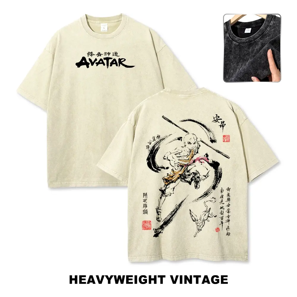 Unisex Bald boy from AVATAR practicing martial arts in ink wash calligraphy style Graphic Washed T-Shirt Personalized Pattern Y2k Clothing Round Neck Washed T-Shirt,Women's Clothing 100% Cotton, Menswear, Top, Vintage Style,Summer Casual Oversized